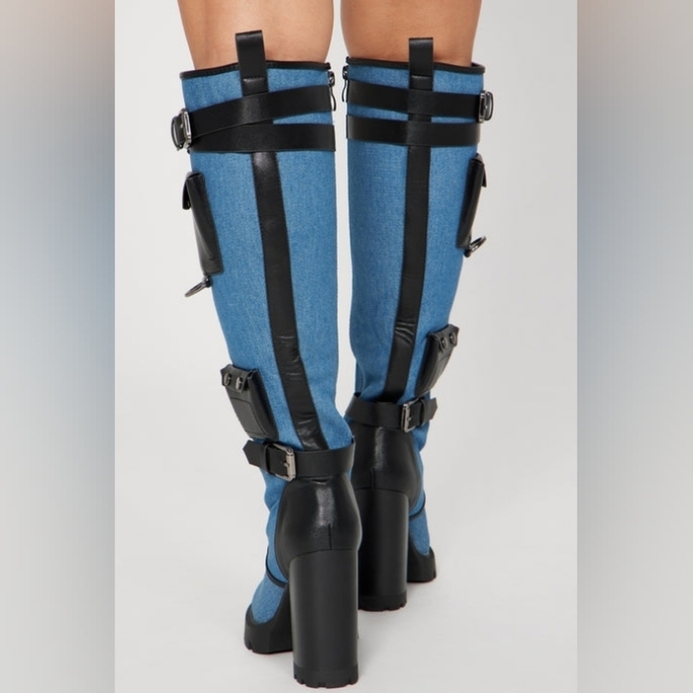 LAMODA "The Dark Side Of The Clouds" Denim and Black Lace-Up Pocket Boots - Picture 4 of 5